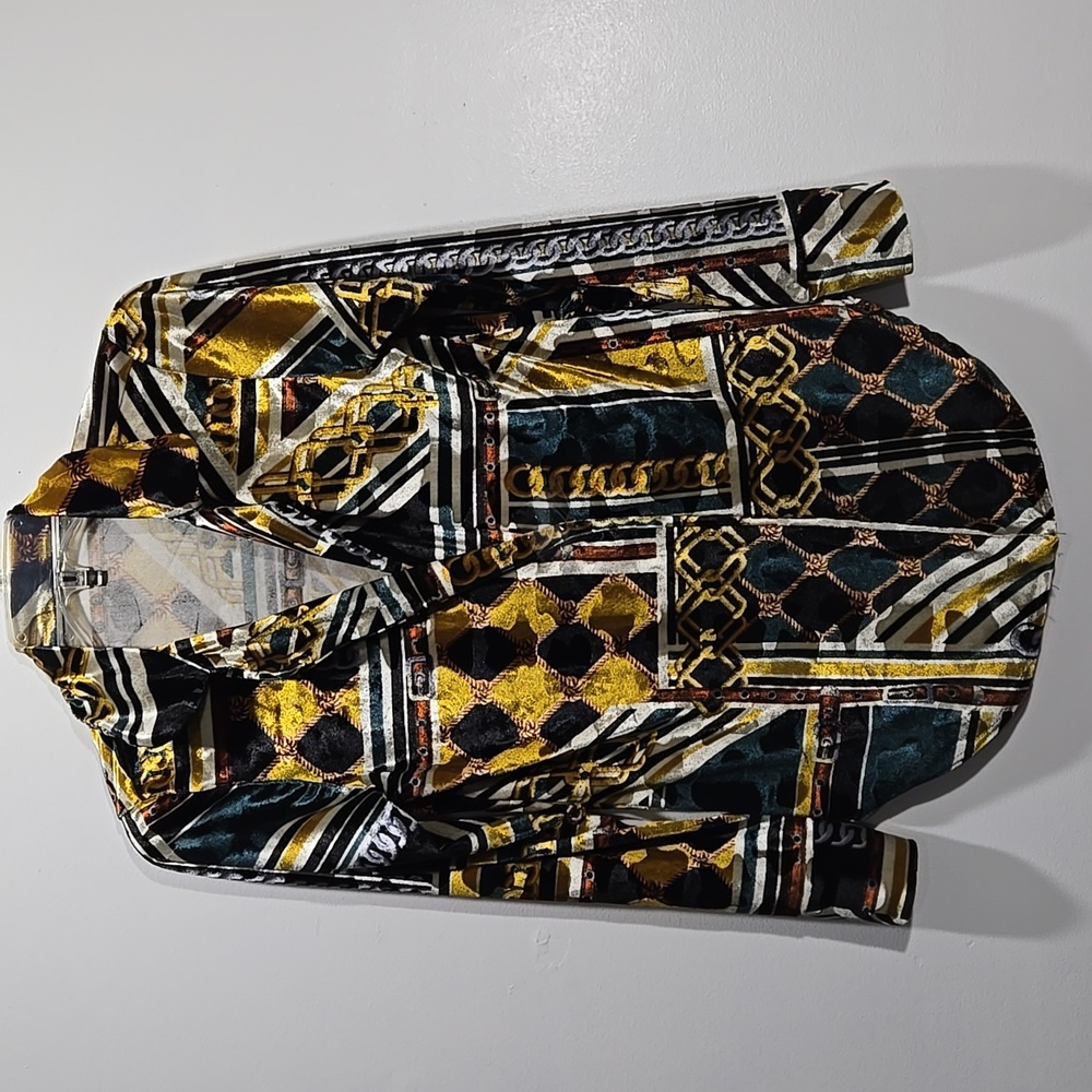 Colorful Geometric Patterned Velvety Shirt Open-front